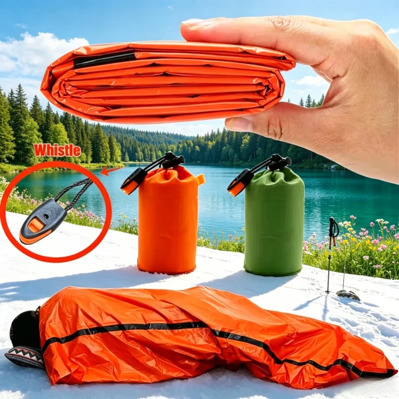 Équipement de survie thermique compact pour l'extérieur, sac de survie à rétention de chaleur, accessoire pratique pour les voyages en plein air et les situations d'urgence.
