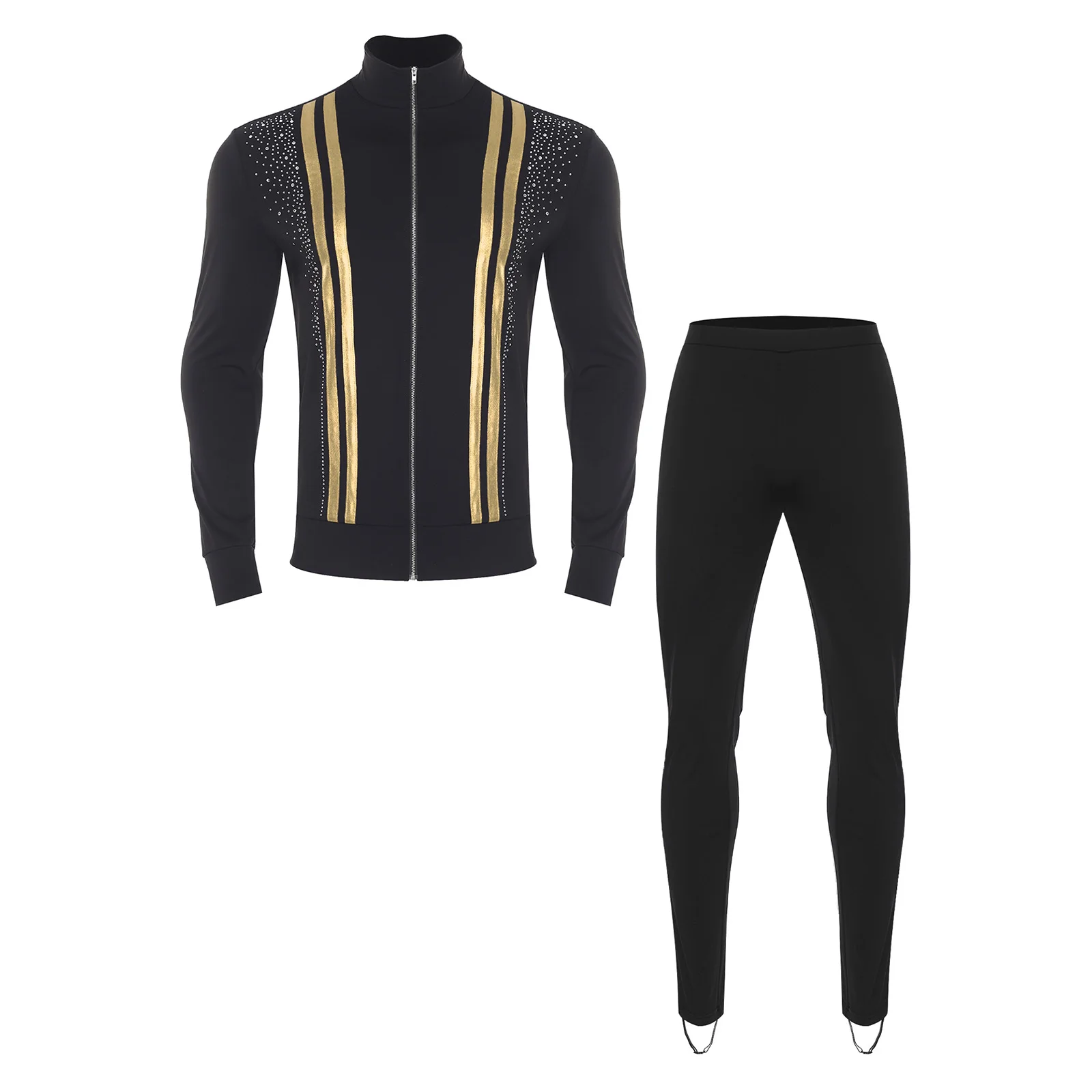 

Men 2-piece Figure Skating Costume Outfits Long Sleeve Rhinestones Shirt and Stirrup Pants Set for Gymnastics Latin Dancewear