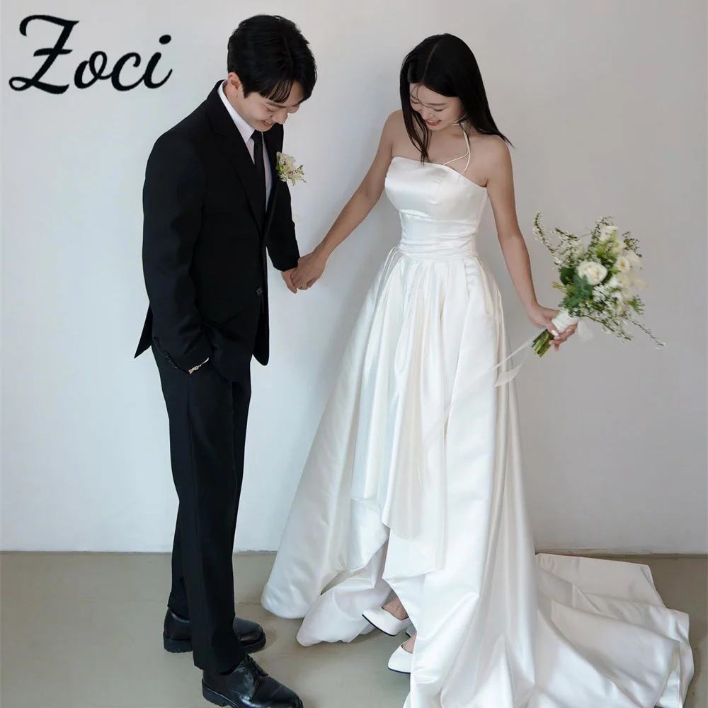 

Zoci Elegant Strapless Korea Wedding Dresses Photos Shoot Corset High Low Bride Dress Customized Sweep Train Satin Bridal Gown