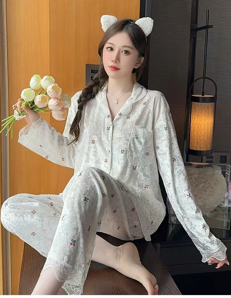 

Pajama Sets Woman Cotton Sleeveless Dessert Heart Knitted Oversized Double Sleeping Collared Calf Length Nightwear Slim Velvet