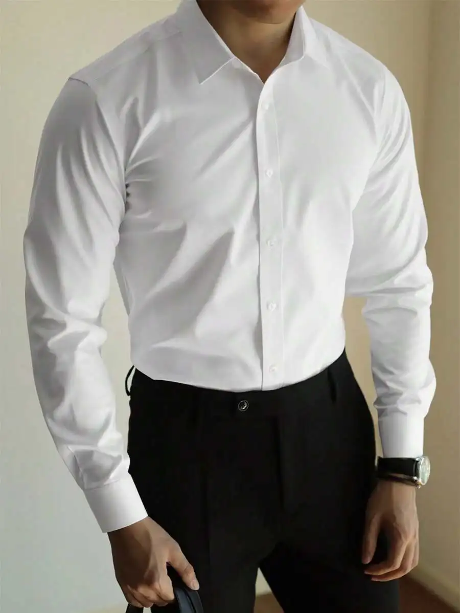 

Men's Solid White Long Sleeve Button-Down Shirt for Office & Casual Wear