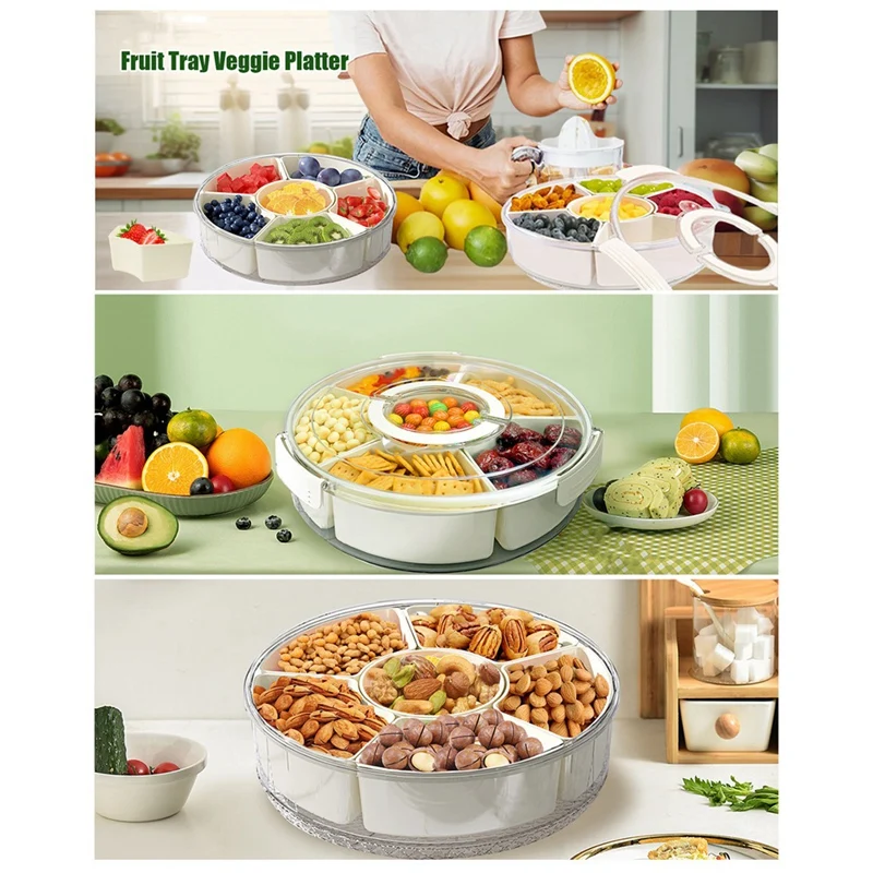 Six-Grid Rotating Snack Box Container With Handle Kitchen Sealed Spice Storage Box Transparent Dried Fruit Snack Tray