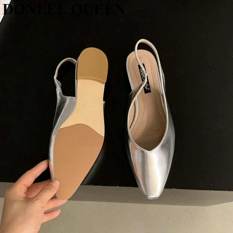 Fashion Pointed Toe Flats Shoes Women Slingback Sandals Elegant Mules Female Shallow Ballet Casual Loafers Sliver Zapatos  Mujer