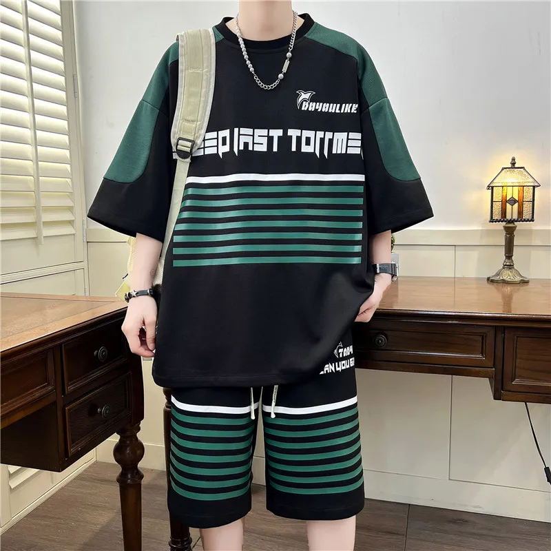 New 2024 Summer Casual Loose T-Shirt And Shorts Two Piece Men\'s Sets Sports Outwear Loose Short Sleeve Top Tees&Pants Tracksuits