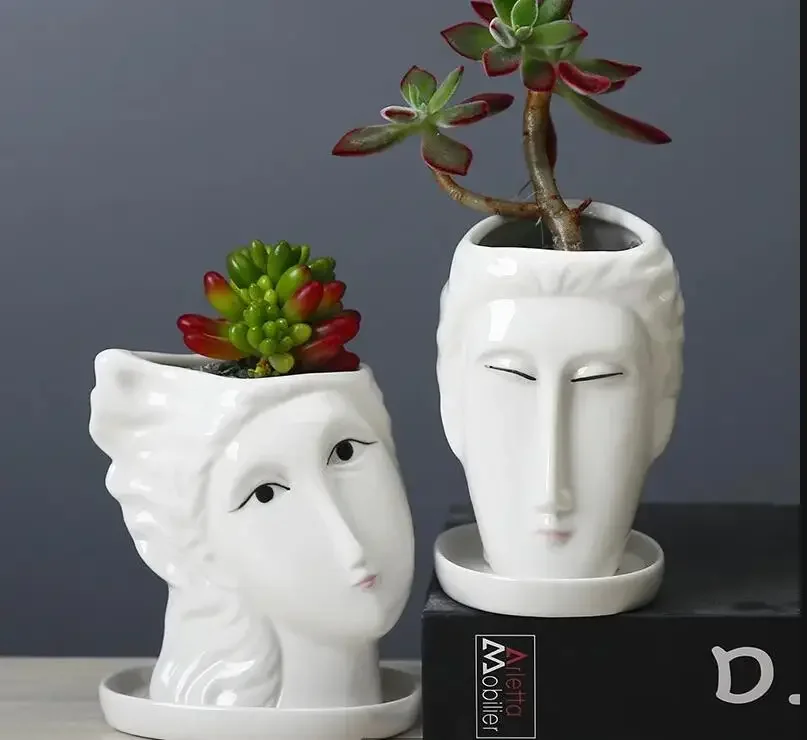 

White Ceramic Flowerpot Human Head Flowerpot Succulent Flower PotDesktop Ornaments Statue Gardening Supplies Plant Pot Vase