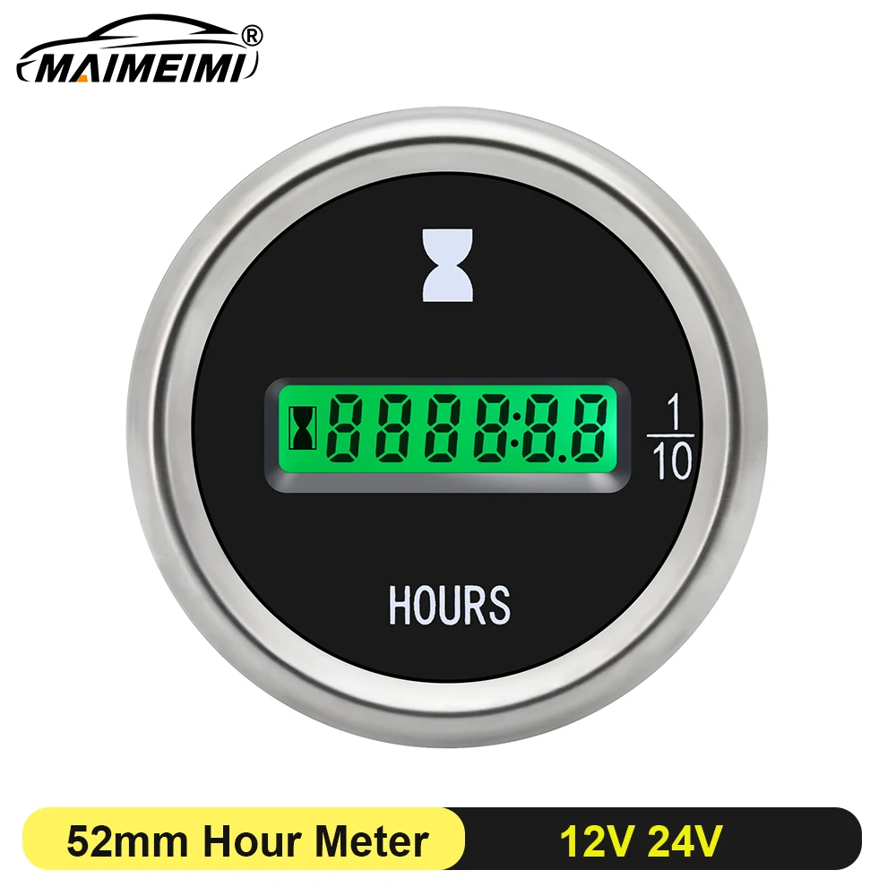 52mm Hour Meter Gauge LED Digital Car Timer Gauge with Green Backlight Waterproof Hourmeters for ATV Truck Marine Boat 12V 24V