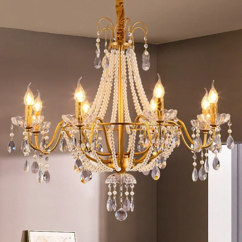 

American Crystal Lamp French Retro Style Pearl Chandelier Middle Villa for Living Room Dining Room Bedroom Duplex Chandelier