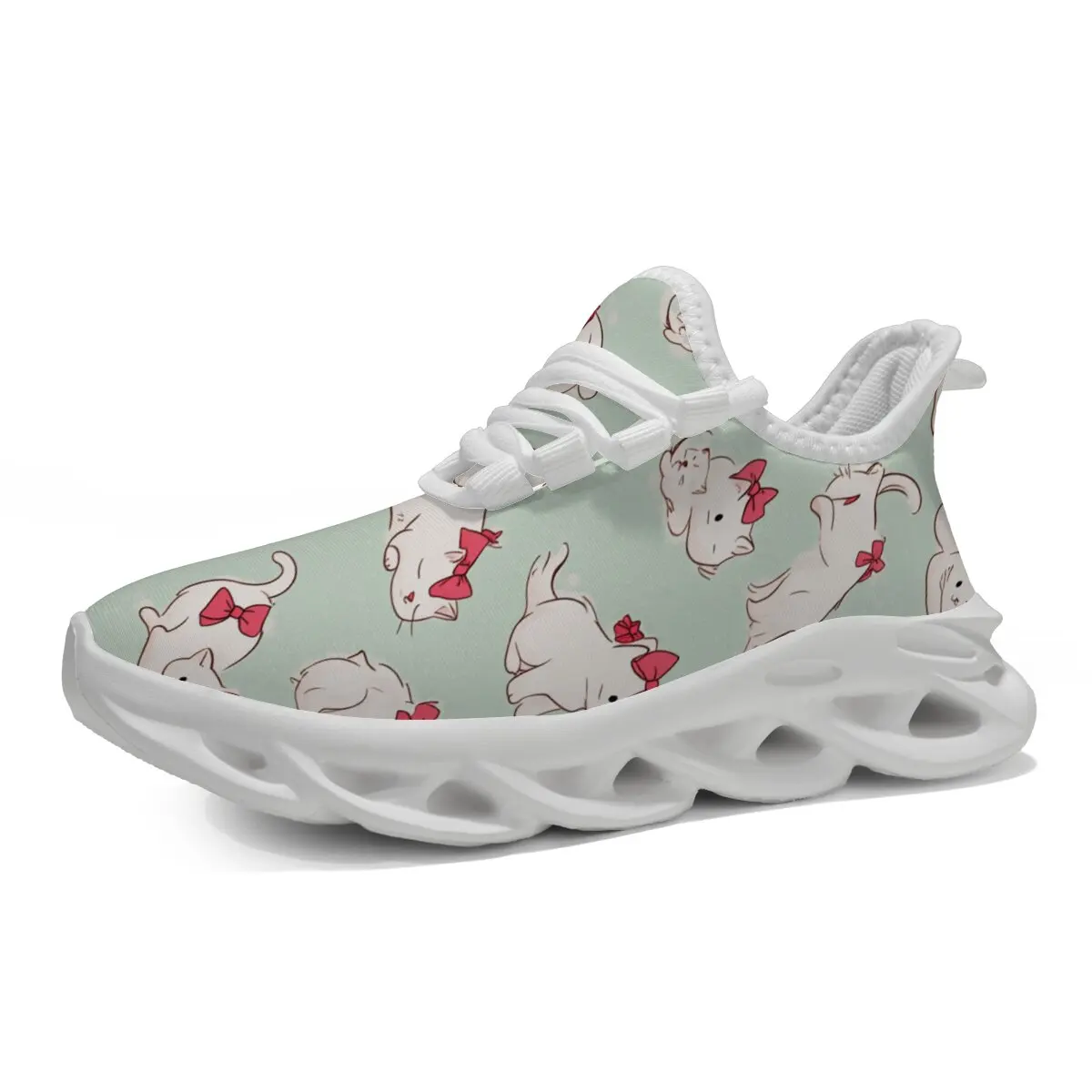 

Running Shoes Light Green White Cats with Red Bows Print Sports Shoes Fashion Casual Sneakers Outdoor Zapatillas De Hombre