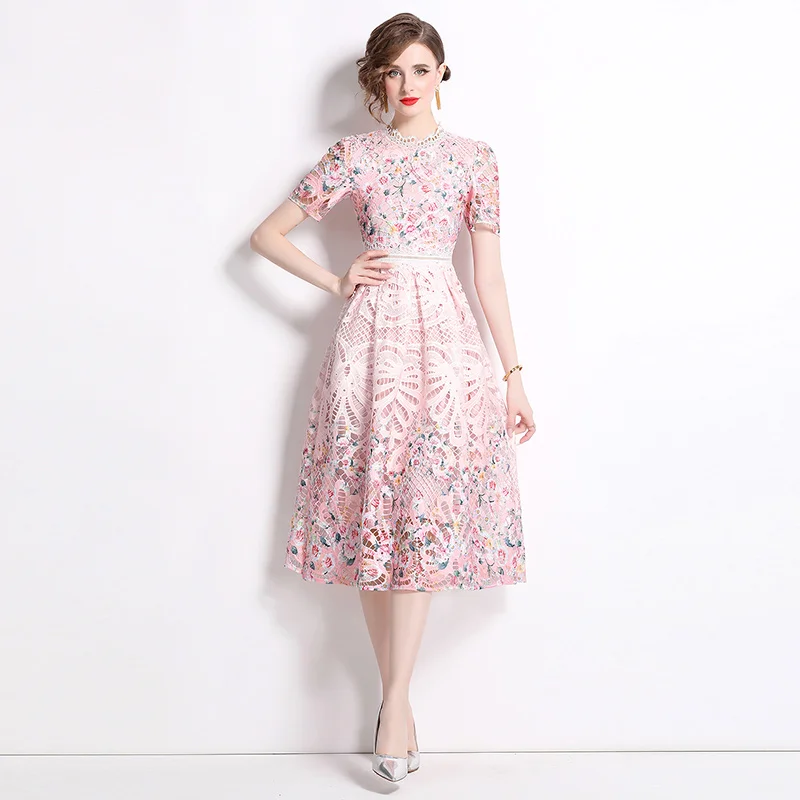 New 2024 Luxury Fashion Pink Gorgeous Flower Print Lace Midi Dress Elegant Women Stand Collar Hollow Out Embroidery Party Dress