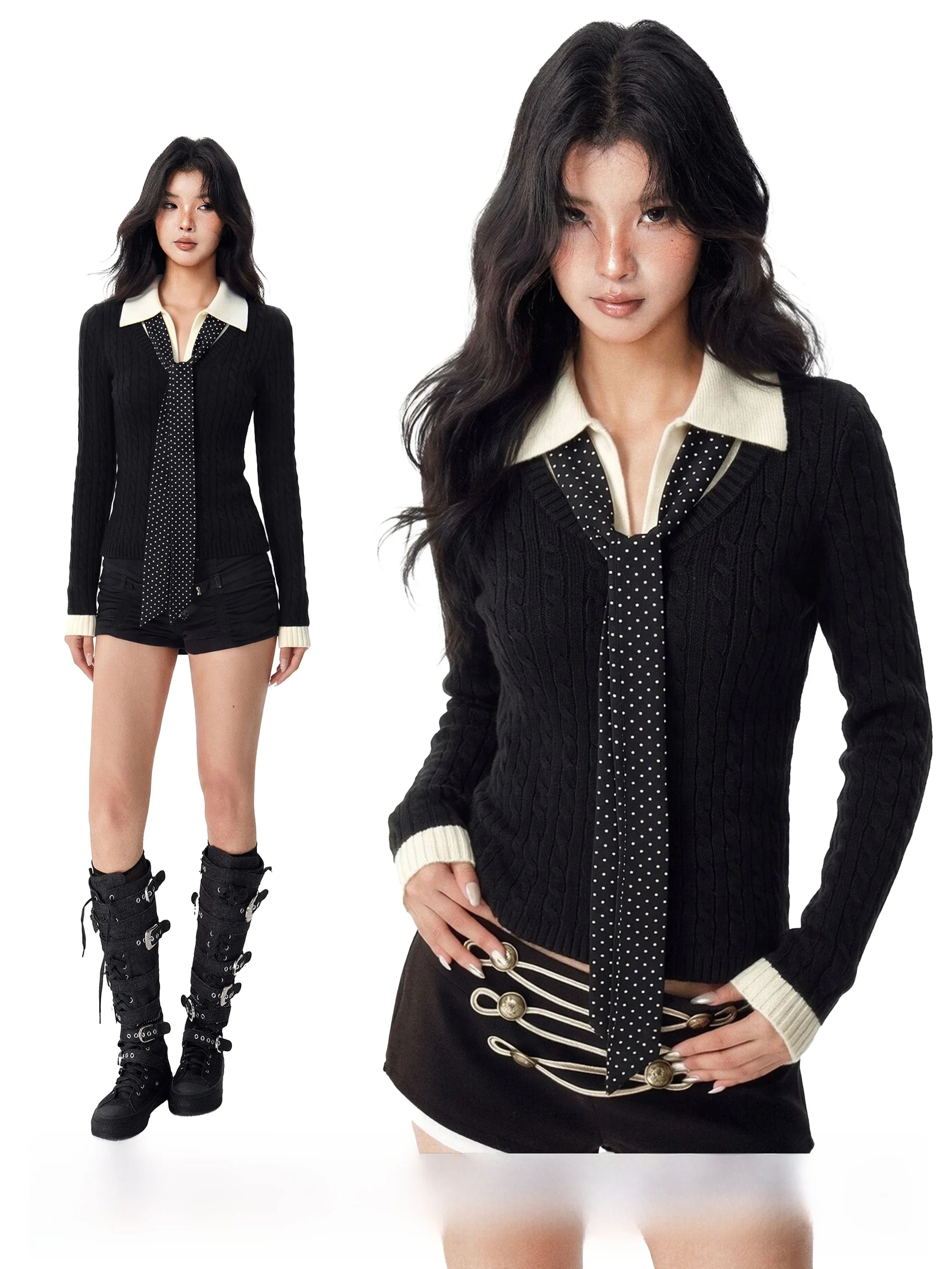 Black Knitted Sweater Women's Early Autumn Slim Fit Inner  Twist Knit Top Fashionable Commute Style Long Sleeve Regular L...