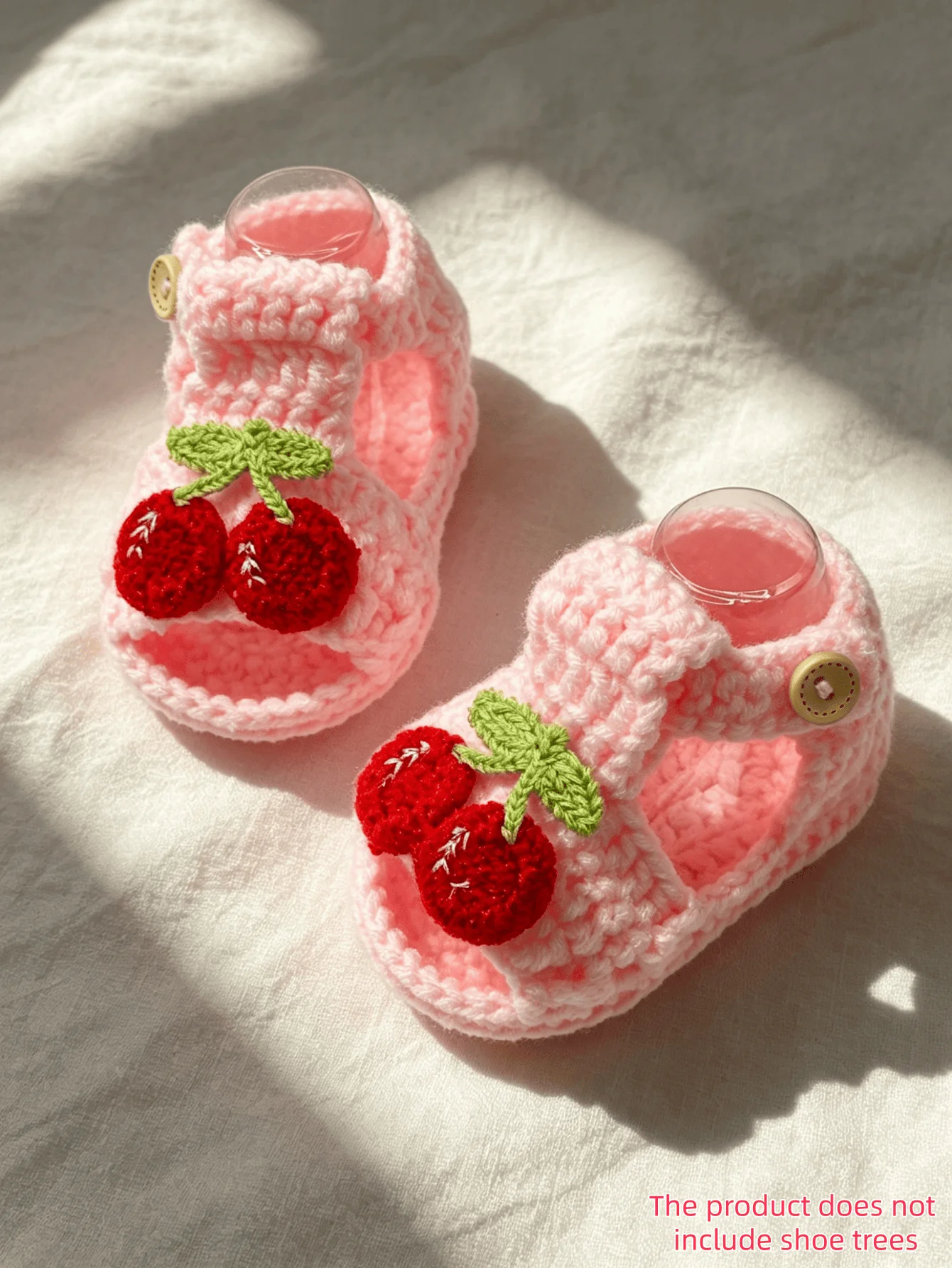 1 Pair Crochet Baby Booties, Pink, Handmade Knit Infant Shoes with Cherry Applique, Cute Sandal Style for Girls