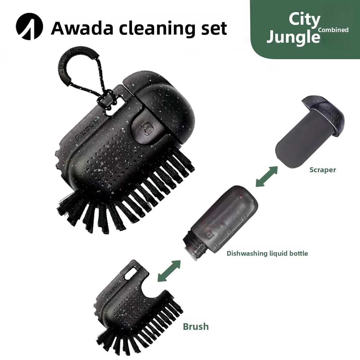 

Portable Storage Outdoor Camping Hiking Three-in-One Cleaning Tool Set with Scraper Brush Dish Soap Bottle - Convenient Durable