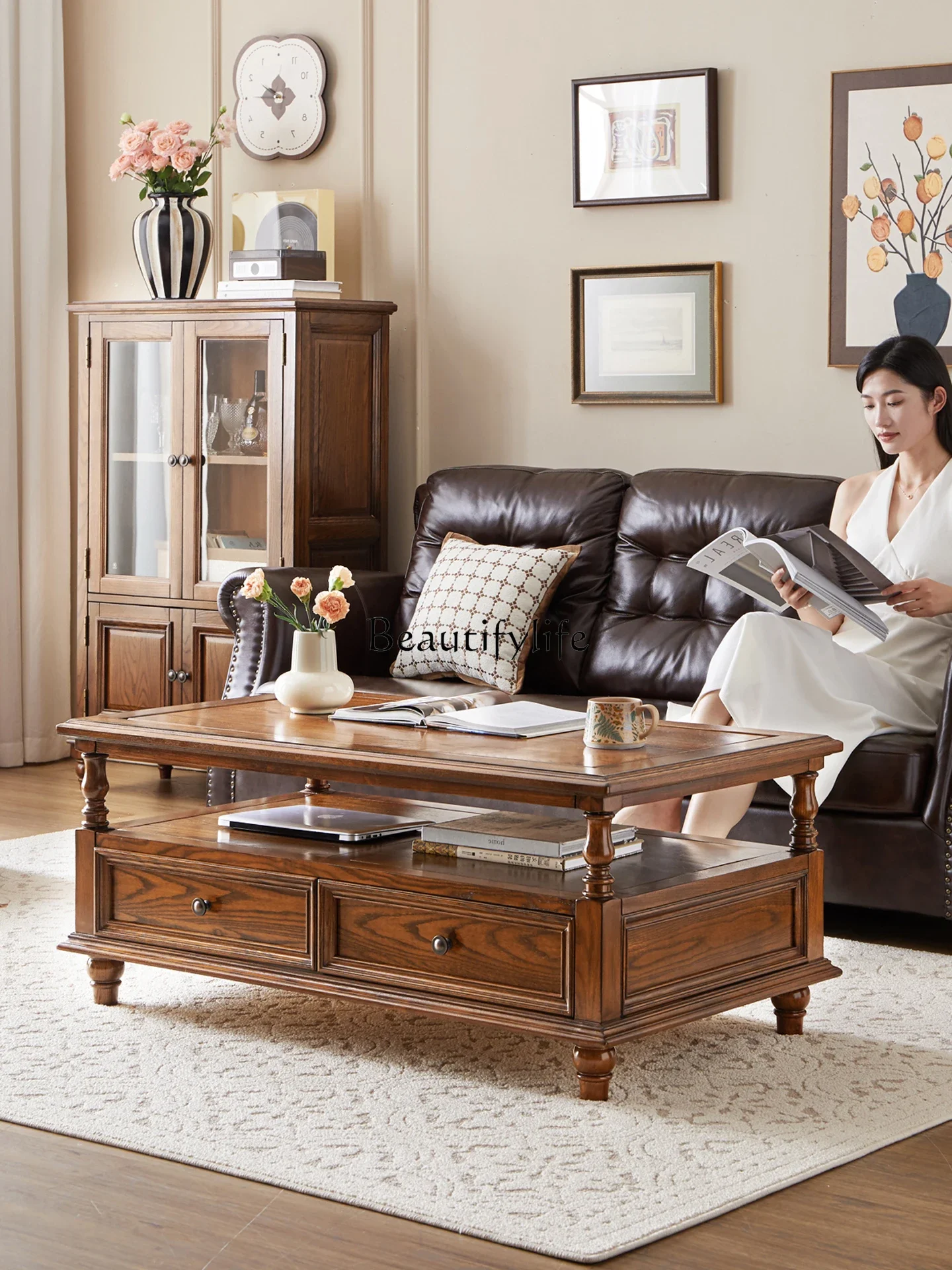 LXPure log retro living room coffee table combination, antique coffee table, all solid wood FAS grade ash woodSSS