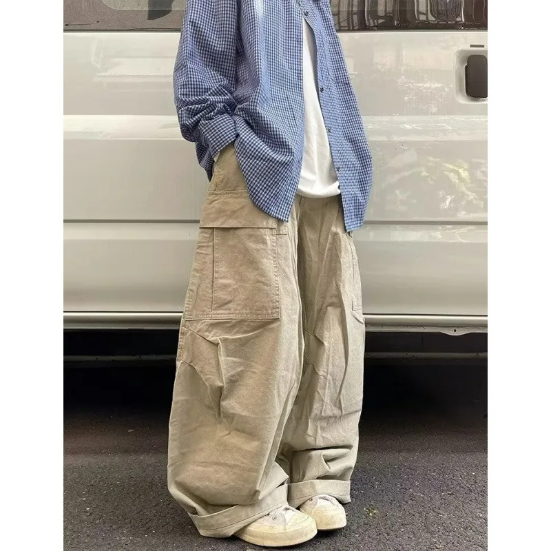 Korean Style High Street Men's Baggy Cargo Pants 2026 Autumn New Multi Pocket Outdoor Sports Casual Wide Leg Pants Streetwear