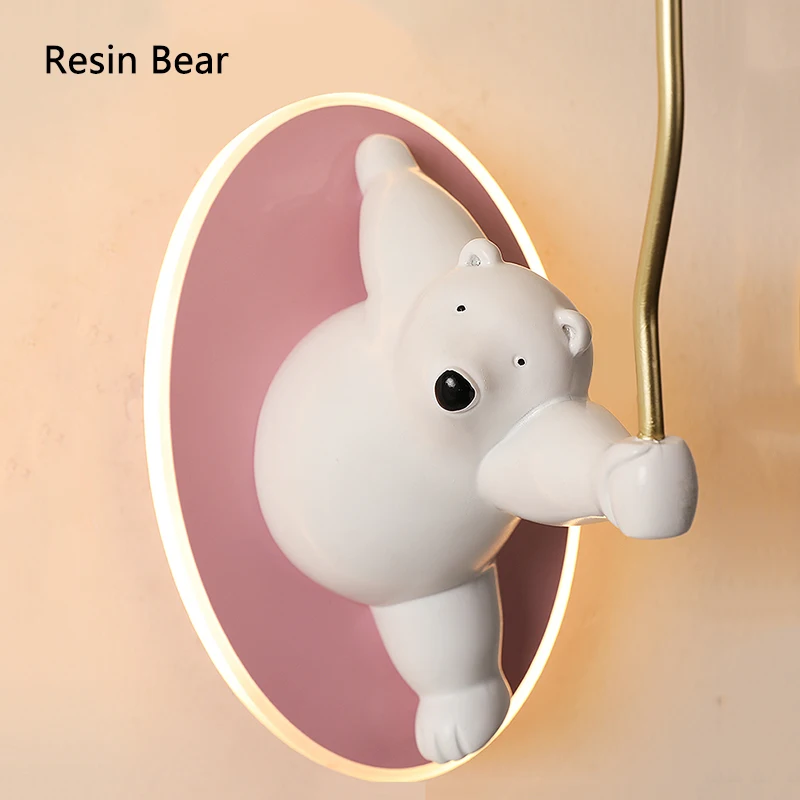 Cartoon Polar Bear Wall Lamps Pink White Princess Room Baby Kids Children's Room Bedroom Bedside Wall Light Indoor Decorative