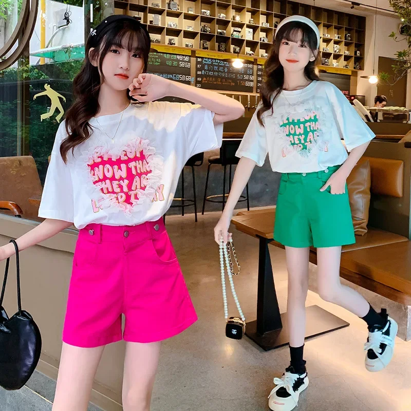 Teenager Summer Girls Clothes Letter Love Heart T Shirt + Shorts Outfits Children 5 6 8 10 12 Years Kids Short Sleeve Tracksuit