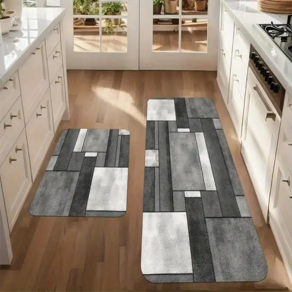 VIKAMA 2pcs Kitchen Carpet, Marble Patchwork Pattern Mat, Anti-Slip, Suitable For Bedroom, Kitchen And Bathroom Entrance Mat