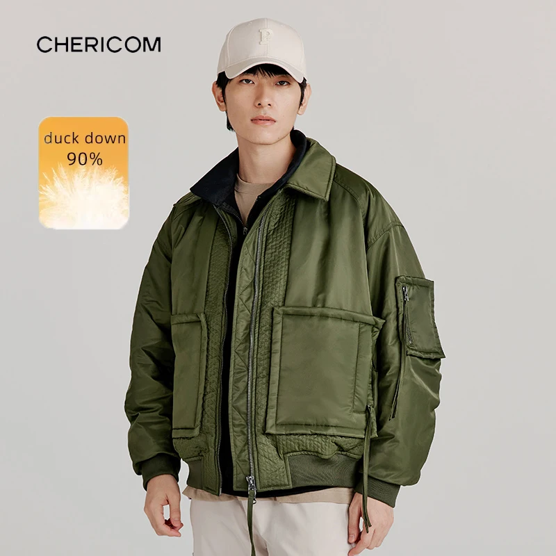 Chericom Short Bomber-style Jacket Shirt Collar Multi-pocket Design Fashion Forward Waterproof Windproof Warm Men Coats Y278548Y