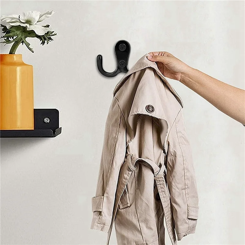 

ABWR-10X Double Prong Robe Hook With Screws, Dual Coat Hooks Wall Mounted Hanging Clothes (Black)