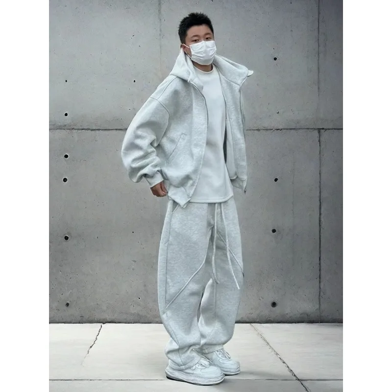 طقم سويت شيرت بقلنسوة سميك ومفتوح سميك أمريكي بسيط، طقم مكون من قطعتين مرن للربيع والخريف للرجال