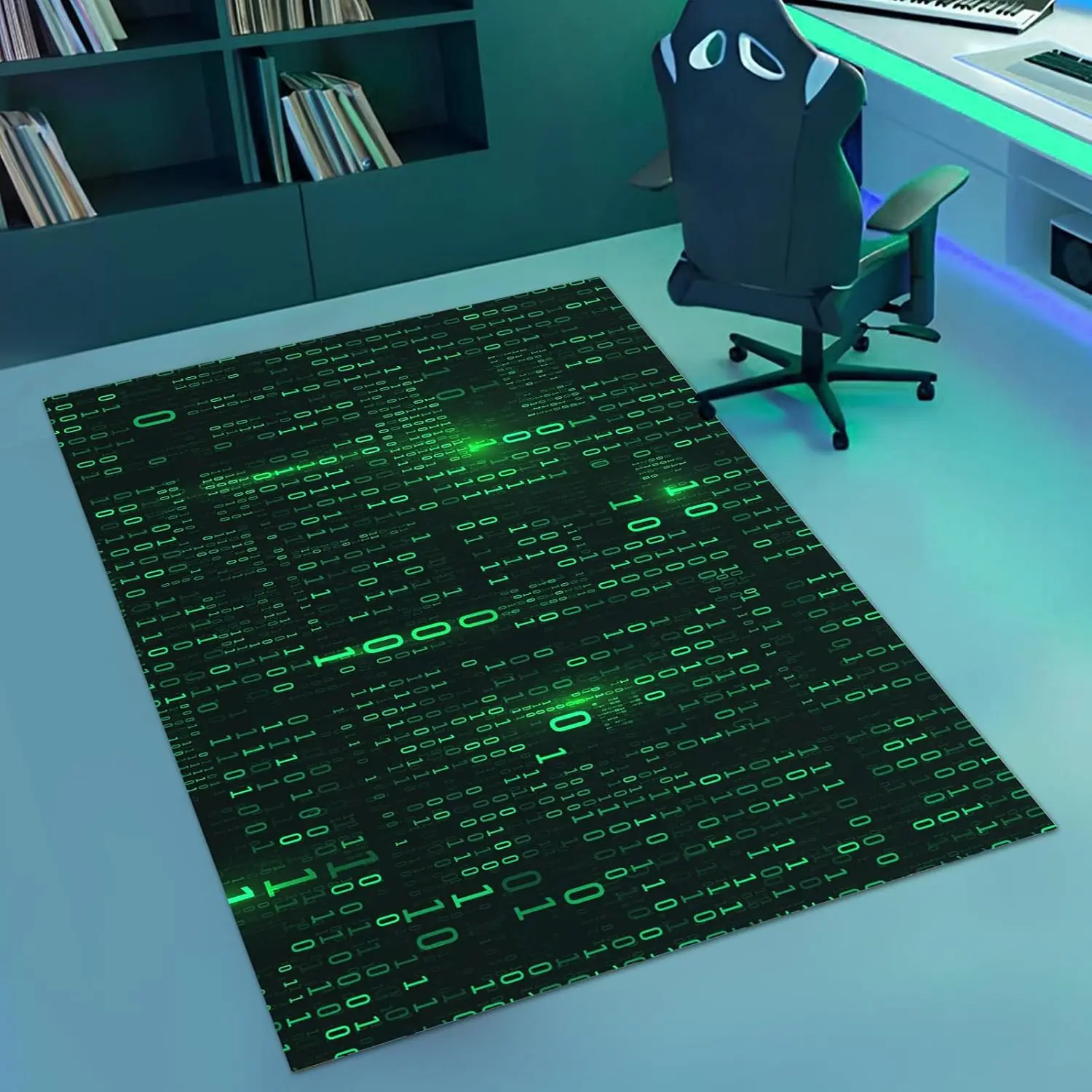 Digital Binary Code Rug Green Glow on Black Background Cyberpunk Gaming Room Area Carpet