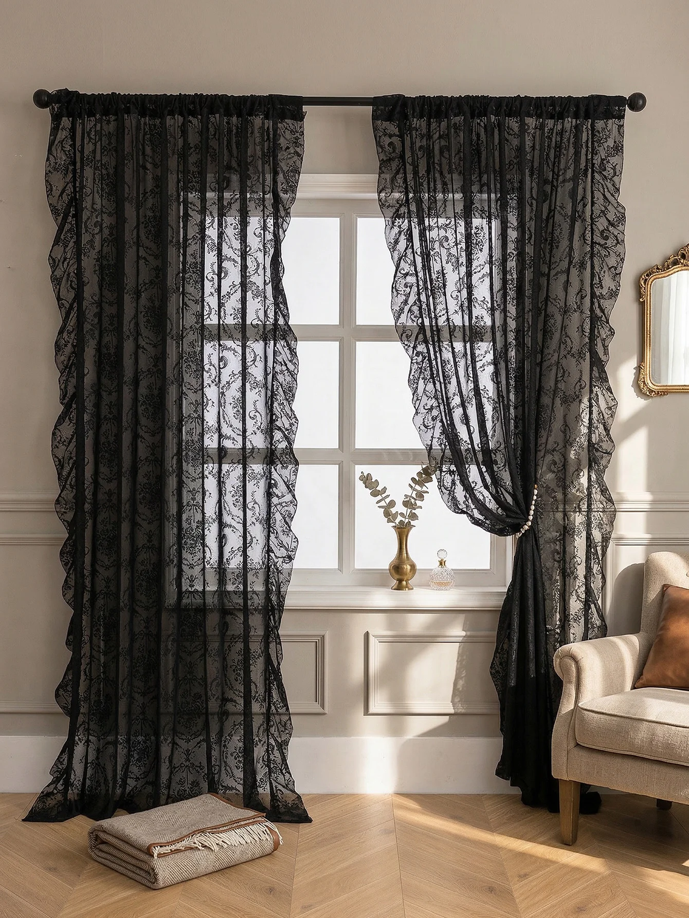 Black Lace Sheer Curtains, Vintage Floral Pattern with Ruffled Trim, Rod Pocket Window Drapes for Bedroom Living Room