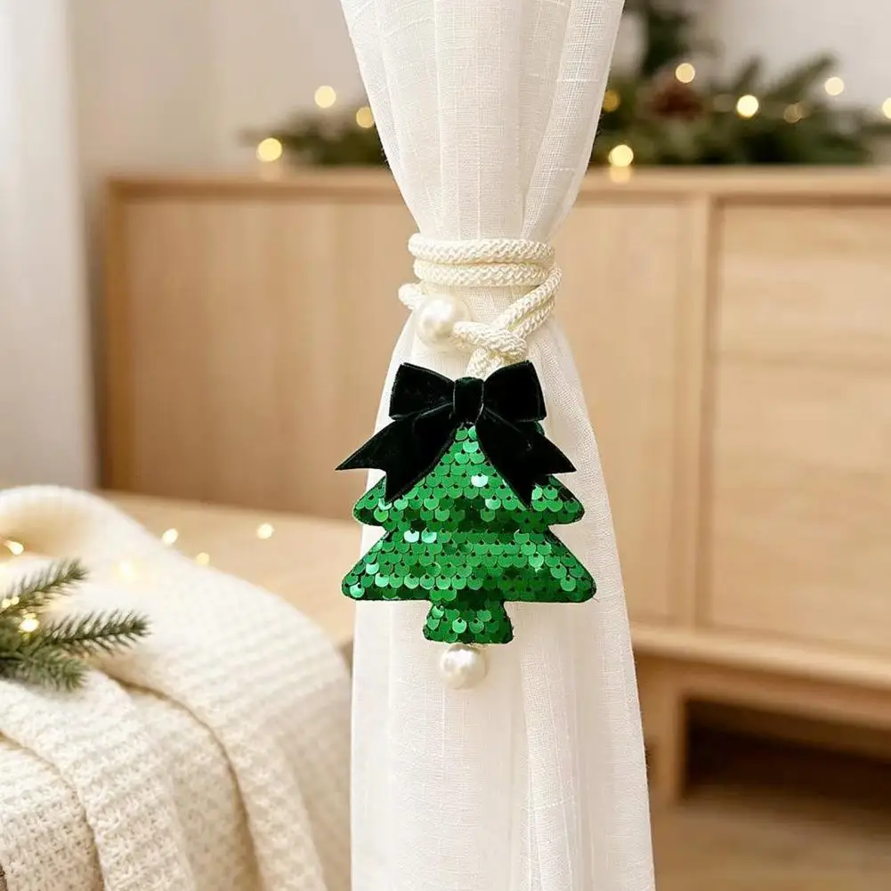 Festive Christmas Tree Ornaments Sequined Tree Curtain Tieback with Bow Sparkling Christmas Drapery Holder Festive for Home