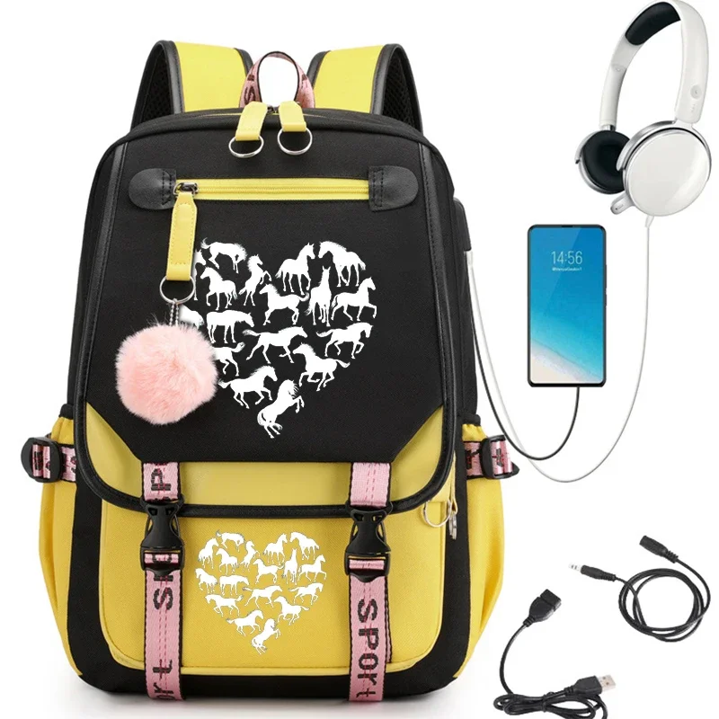 Horse Heart Anime zainetto per ragazze zaino per studenti di grandi dimensioni zaino per studenti delle scuole superiori borse per libri Usb Bagpack per cartoni animati