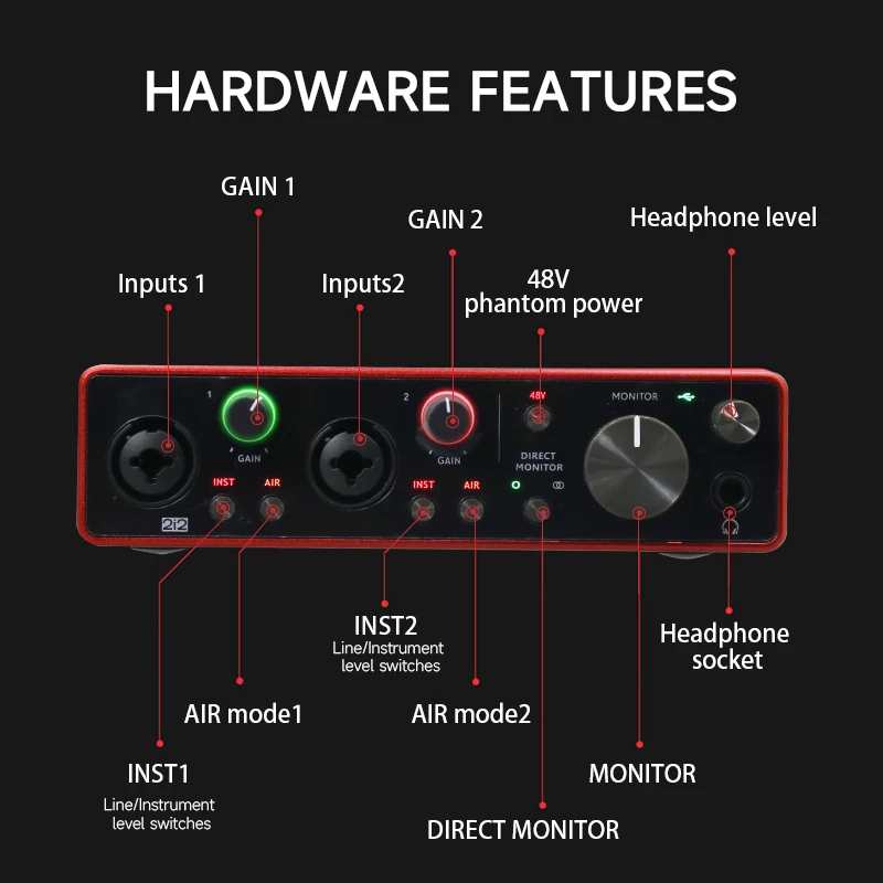 Amplificador de tercera generación, interfaz de Audio USB para grabación, escritura de canciones, Streaming y Podcasting, grabación de alta calidad en estudio, 2i2