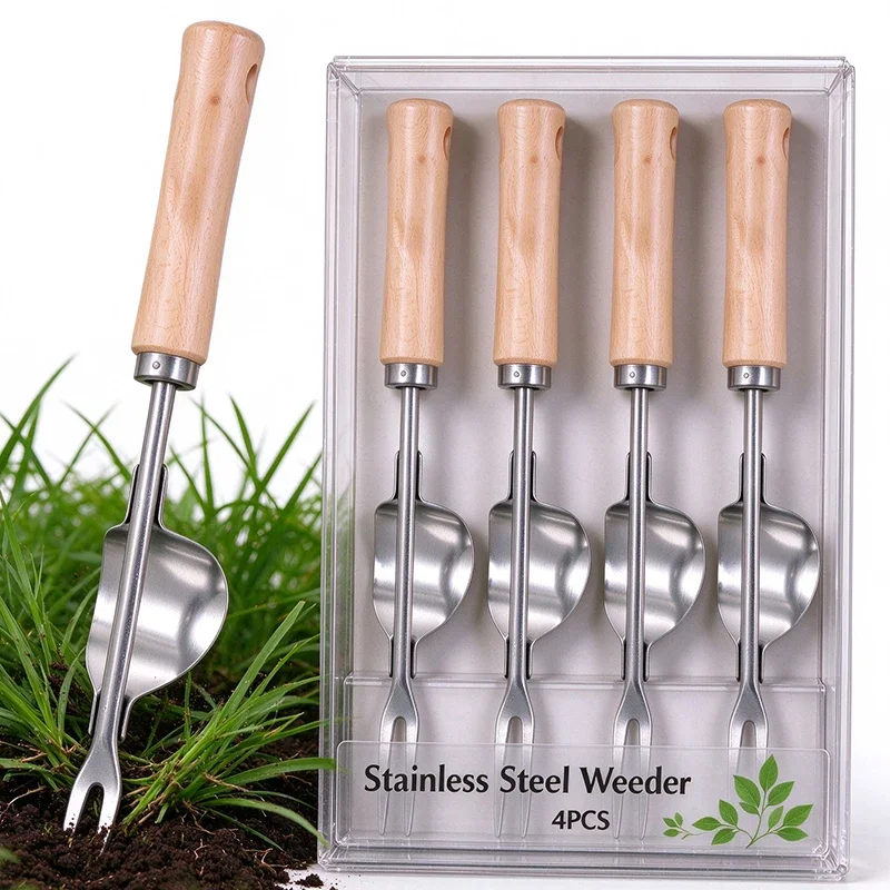 1/4Pcs Stainless Steel Hand Weeder Tools with Solid Wood Handle Lever Action Weed Puller Root Remover for Garden Lawn Vegetable