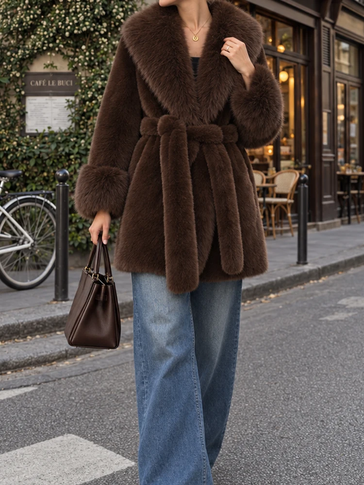 HH Women Vintage Coffee Brown Faux Fur Coat Large Lapel With Belt Length Warm Thick Outerwear Autumn Winter Casual Street Outfit