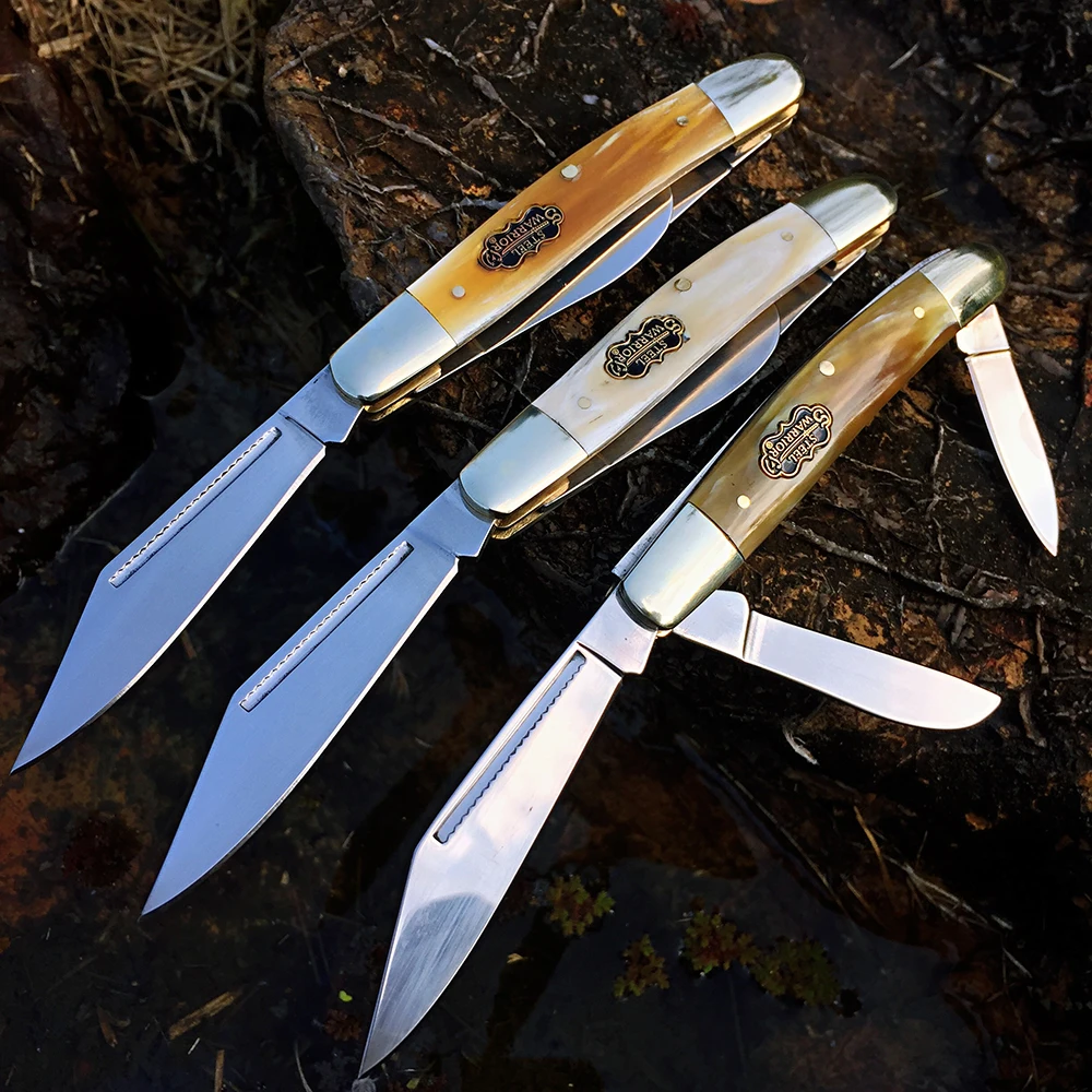 Three-Blade Large Trapper Slip Joint Knife  Folding Pocket Knife with Authentic horn handle scales