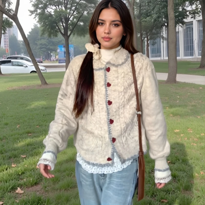 

Милый вязаный кардиган с воротником Питера Пэна, осень-зима, свободный свитер в стиле ретро, куртки, новый повседневный трикотаж на пуговицах в форме сердца с лацканами