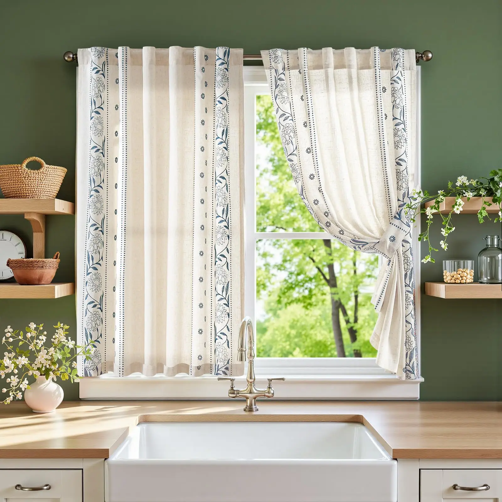 Green Floral Linen Kitchen Tier Curtains 36 Inch, Embroidered,Farmhouse Small Windows for Bathroom Living Room Cafe 2 Panels