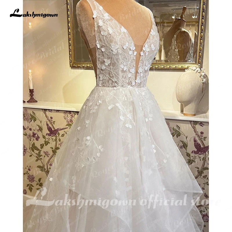 Lakshmigown A Line Wedding Dress with Deep V Neck Tank Bridal Reception Gown vestido de noiva princesa