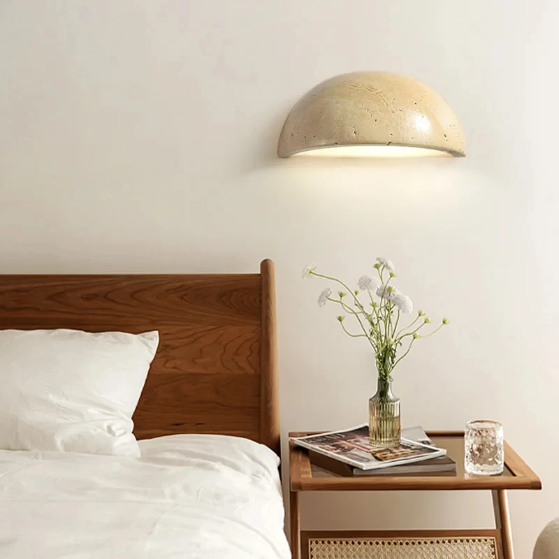 Travertine LED Wall Sconce Natural Stone Half Moon Wall Light for Bedroom Living Room Corridor Home Decor