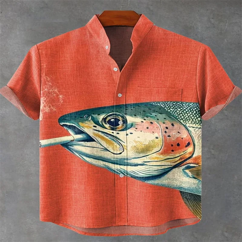 Men's Orange Fish Head 3D Print Casual Shirt Stand Collar Short Sleeve Summer Party Beach Tops