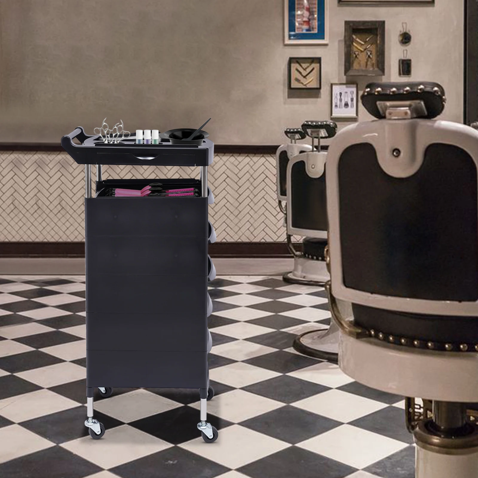 

6 Layer Beauty Rolling Trolley 5-Drawer Trolley Equipment Rolling Cart Tray Hair Styling Storage Station for Beauty Salons