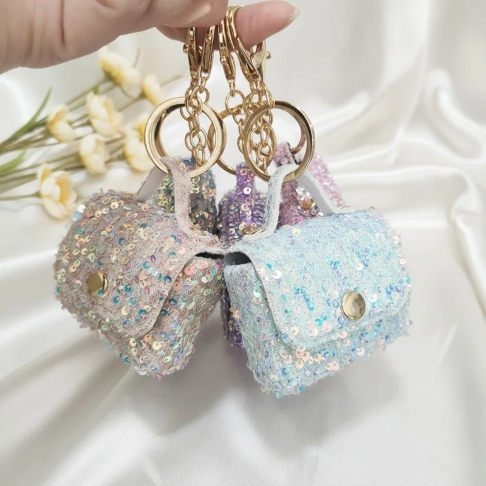 Lightweight Sequin Mini Earphone Case Keychain Leather Pouch Fashion Sequin Coin Purse Keychain DIY Accessory New Style