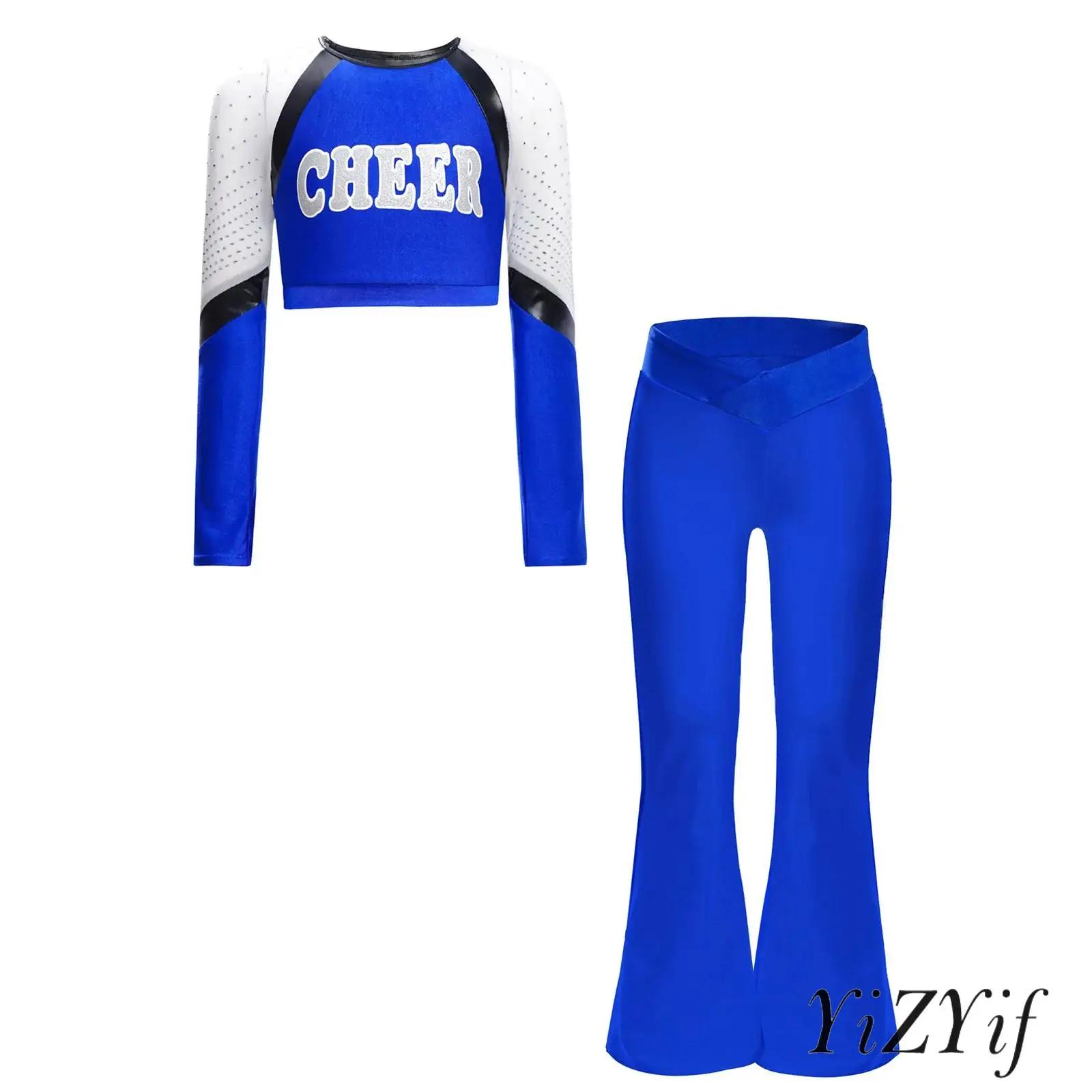 

Girls Sparkling Cheerleading Outfit Rhinestone Letter Print Top with Flared Pants for Dance Competitions And Squad Performance