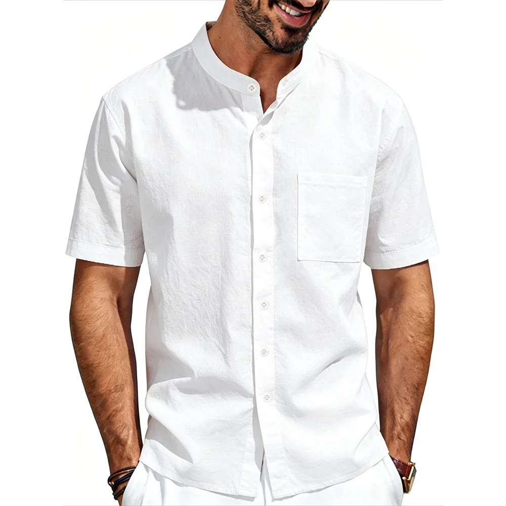 Men's Casual Shirt Henley Neck Solid Color Breathable Lightweight Cotton Linen Tops Single Breasted Male Short Sleeve Shirts