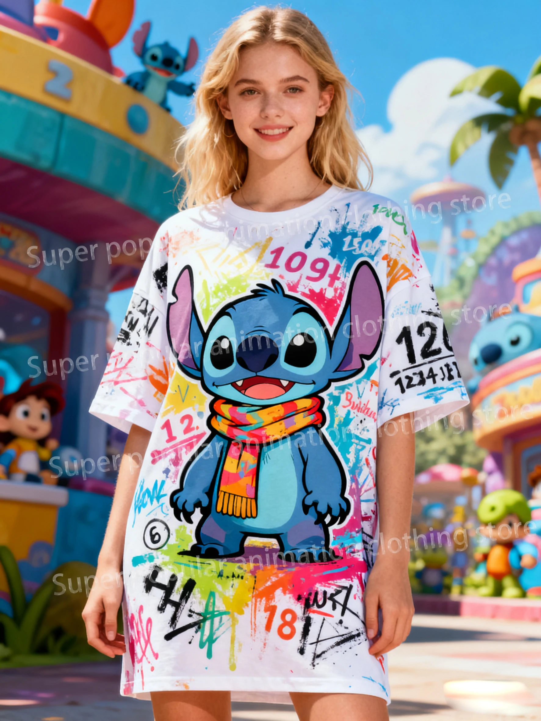 

Платье с принтом Stitch 2025 года. Милое мультяшное платье-футболка с короткими рукавами и круглым вырезом. Модная ночная рубашка, базовая повседневная одежда, праздничные подарки.