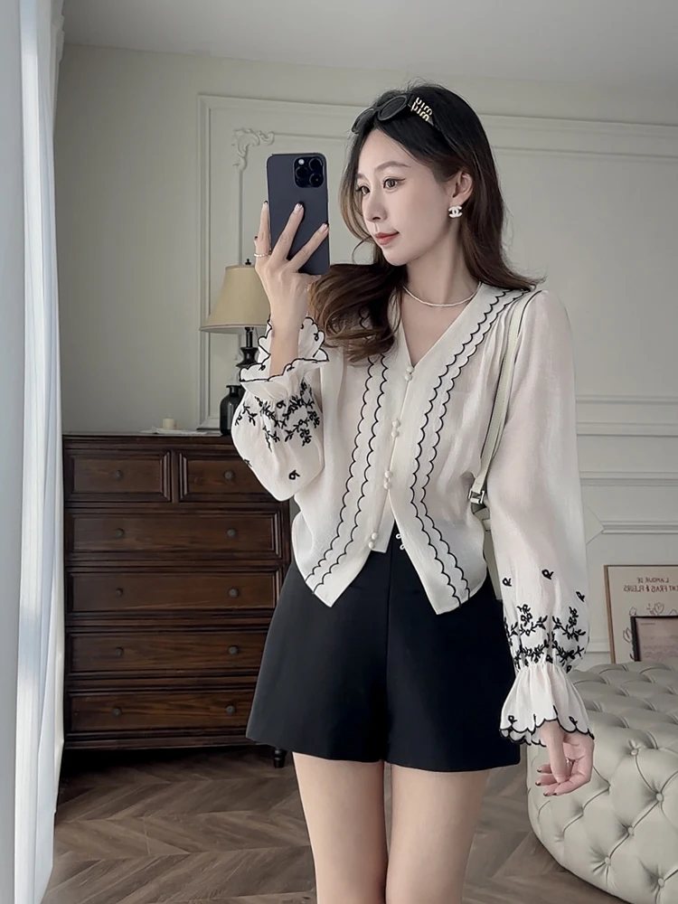 

Wior Miss Goodwill Online Positioning Embroidery Lightweight V-ne Top Korean Sle Long Sve Cardigan