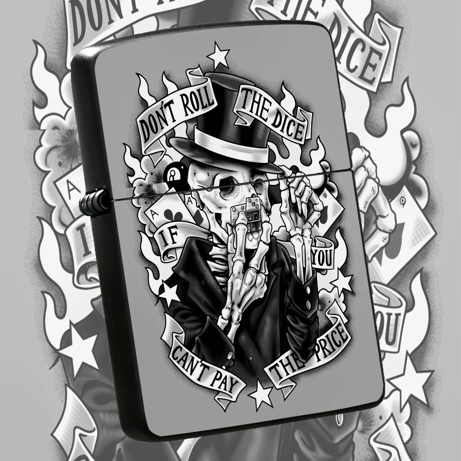 Vintage Skeleton Graphic Lighter, Don'T Roll The Dice Slogan Printed Decor, Trendy Old School Art Design, Portable Daily Use Igniter For Camping Gathering, Unique Cool Gift For Art Lovers, Long Lasting Stylish Accessory A Humorous And Inter
