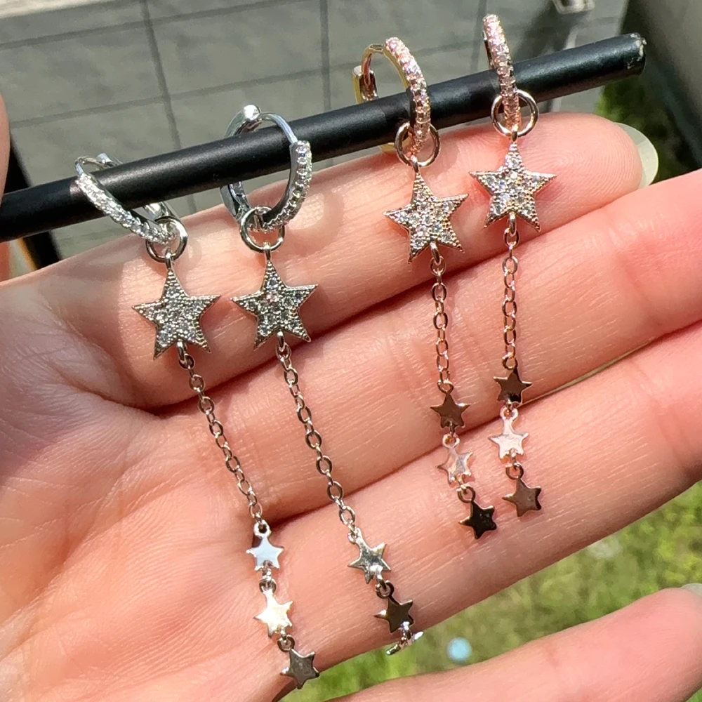 Двусторонняя одежда, подвеска со звездой, рождественский подарок, крошечная плоская циркониевая цепочка Huggie, цепочка с кисточками, модные серьги для девочек