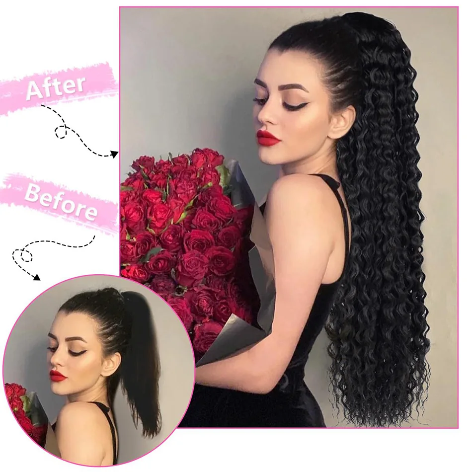 Long Kinky Curly Ponytail Synthetic Drawstring Ponytail 24/30/32Inch Chip-In Hair Extension Organic Clip-in Overhead Ponytail