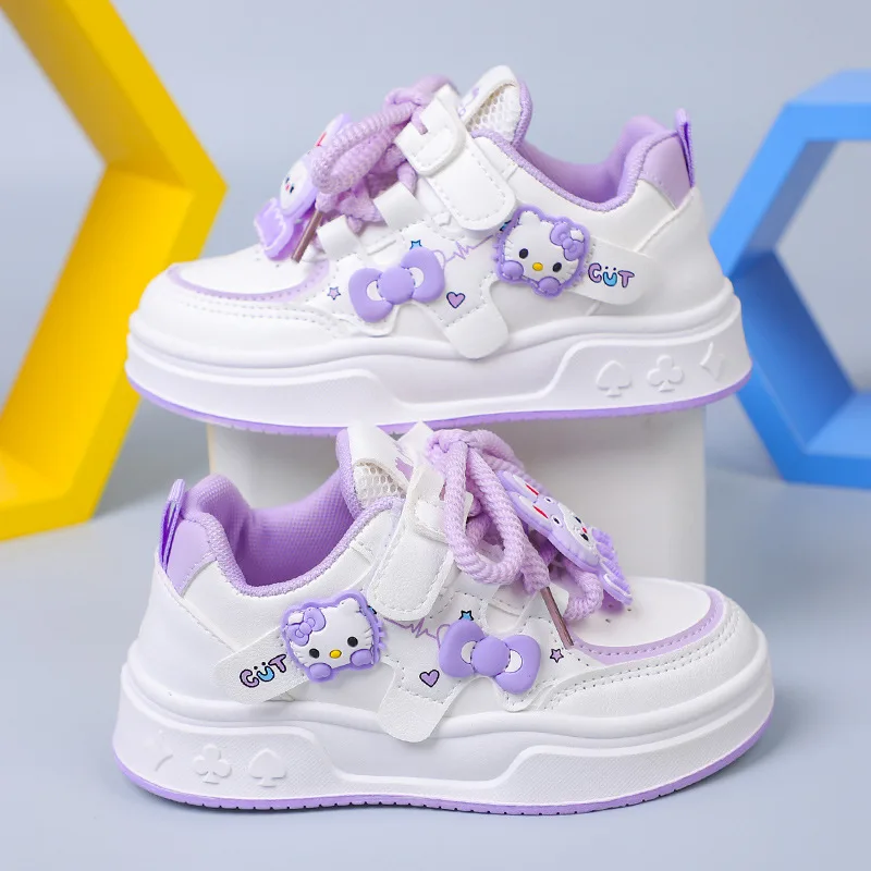 

Кроссовки Hello Kitty для девочек 2025 года, дышащие повседневные туфли с мультяшным принтом, нескользящие кроссовки на толстой подошве для детей