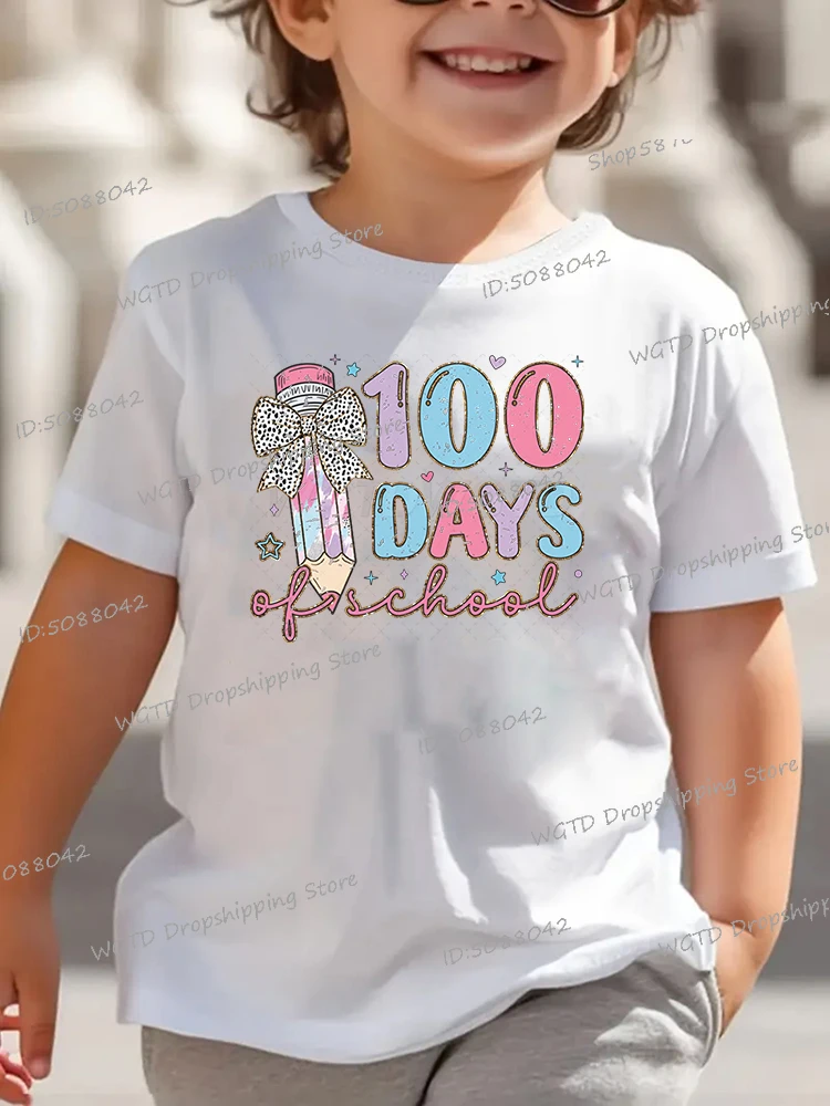 

2025 New 100 Days Of School Graphics Kids T-shirt Funny Short Sleeve Streetwear Creative Leopard Print Bow Pencil Boys Girls Tee