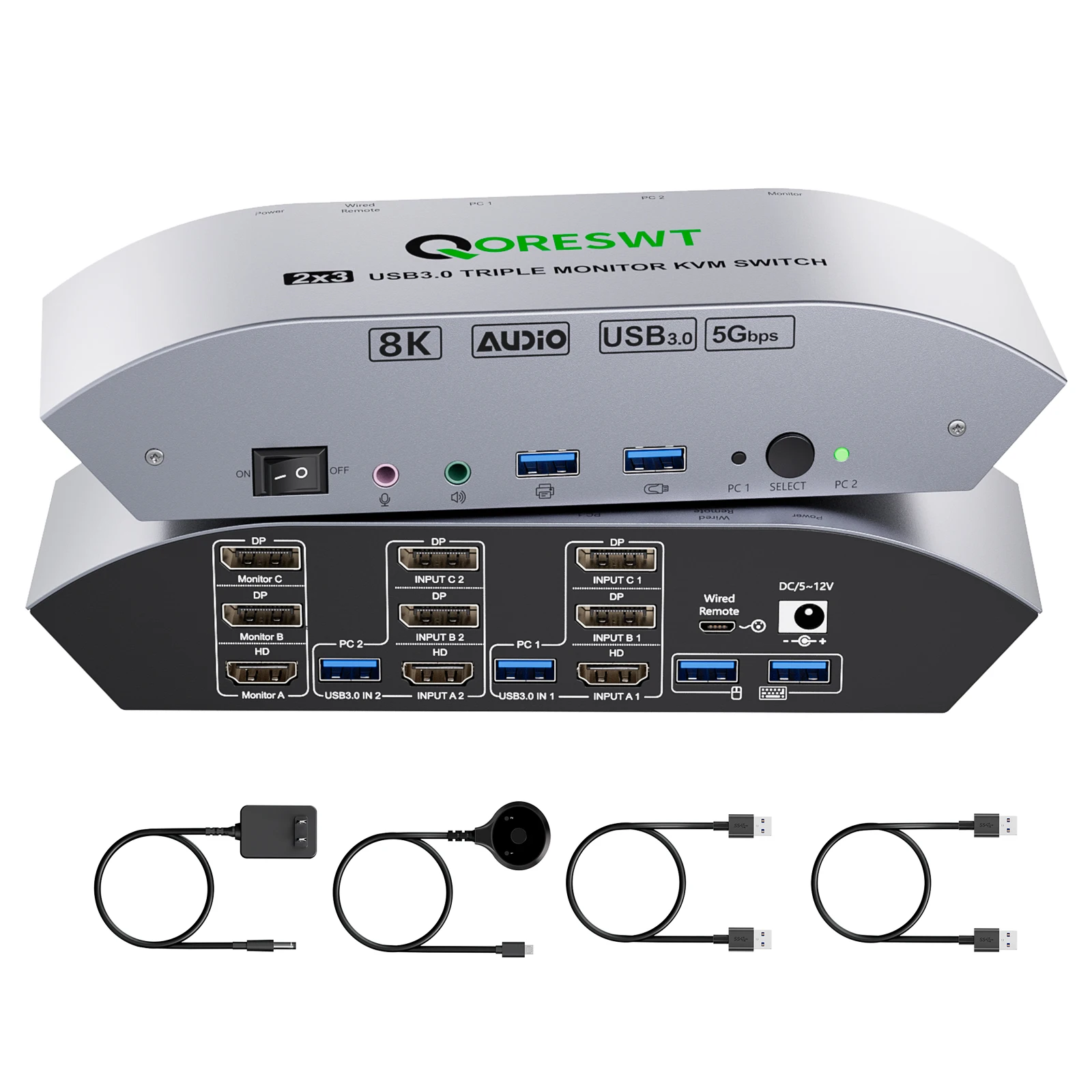 KVM Switch 3 Monitors 2 Computers with Audio, HDMI & DisplayPort Desktop Triple Monitor KVM Switch for 3 Monitors 2PC, Support 8