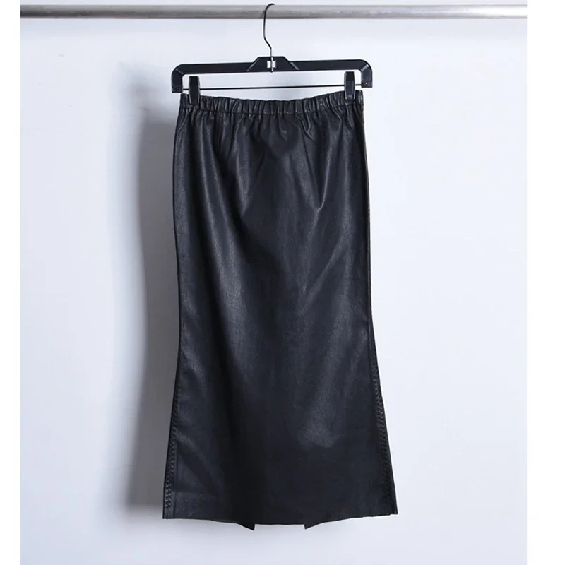 Women Elastic Leather Tight 75cm Long Skirt Spring Female Soft Waxy Sheepskin Fish Tail Curve Slim Wrap Jupe Pencil Midi Saias